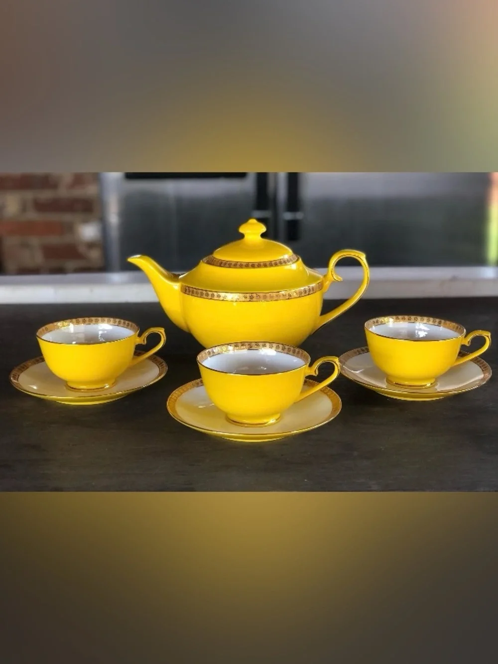 Rare Teavana Noble Poppy Yellow Bone China Tea Set 9 Pc 14k Gold